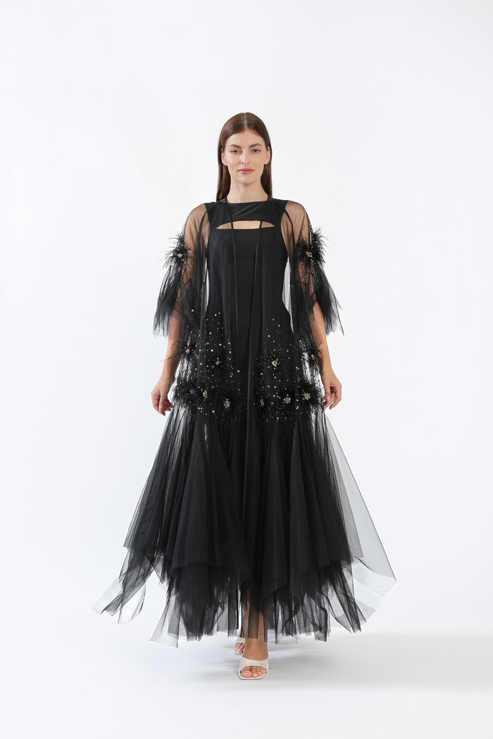 Midnight Feathers on Black Tulle