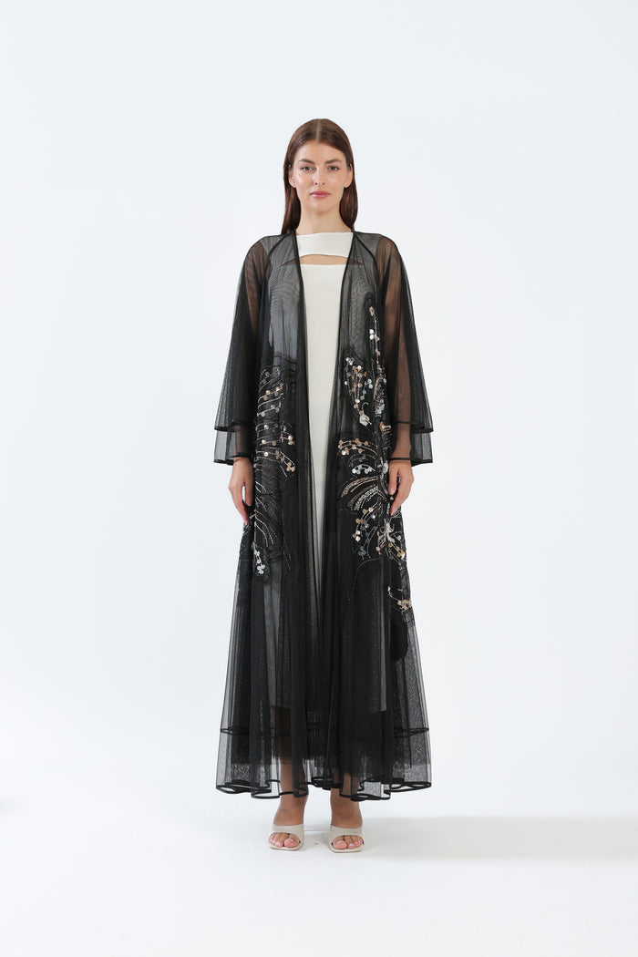Silver Bloom on Black Tulle