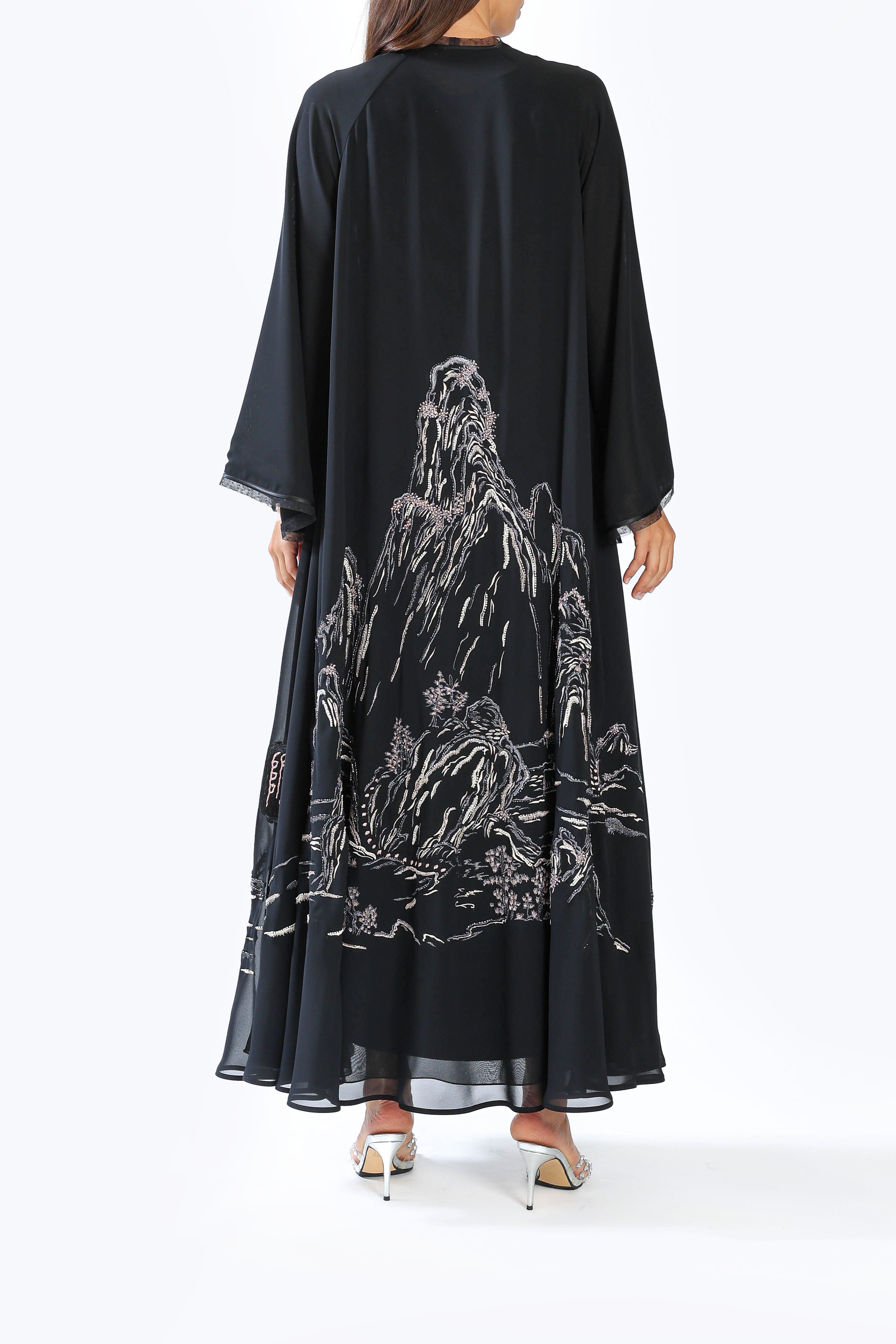 Mountain Scenery on Black Chiffon
