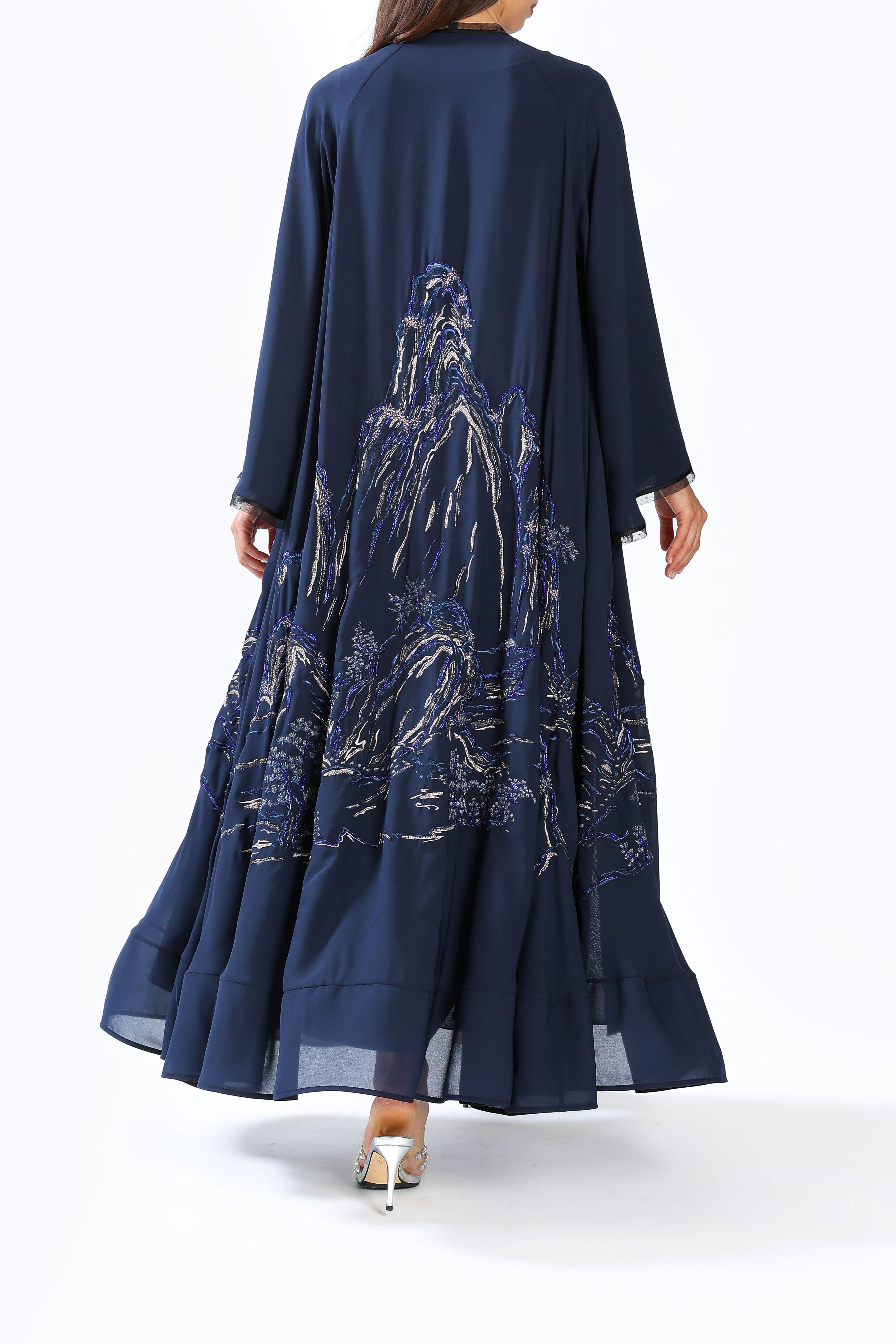 Mountain Scenery on Blue Chiffon