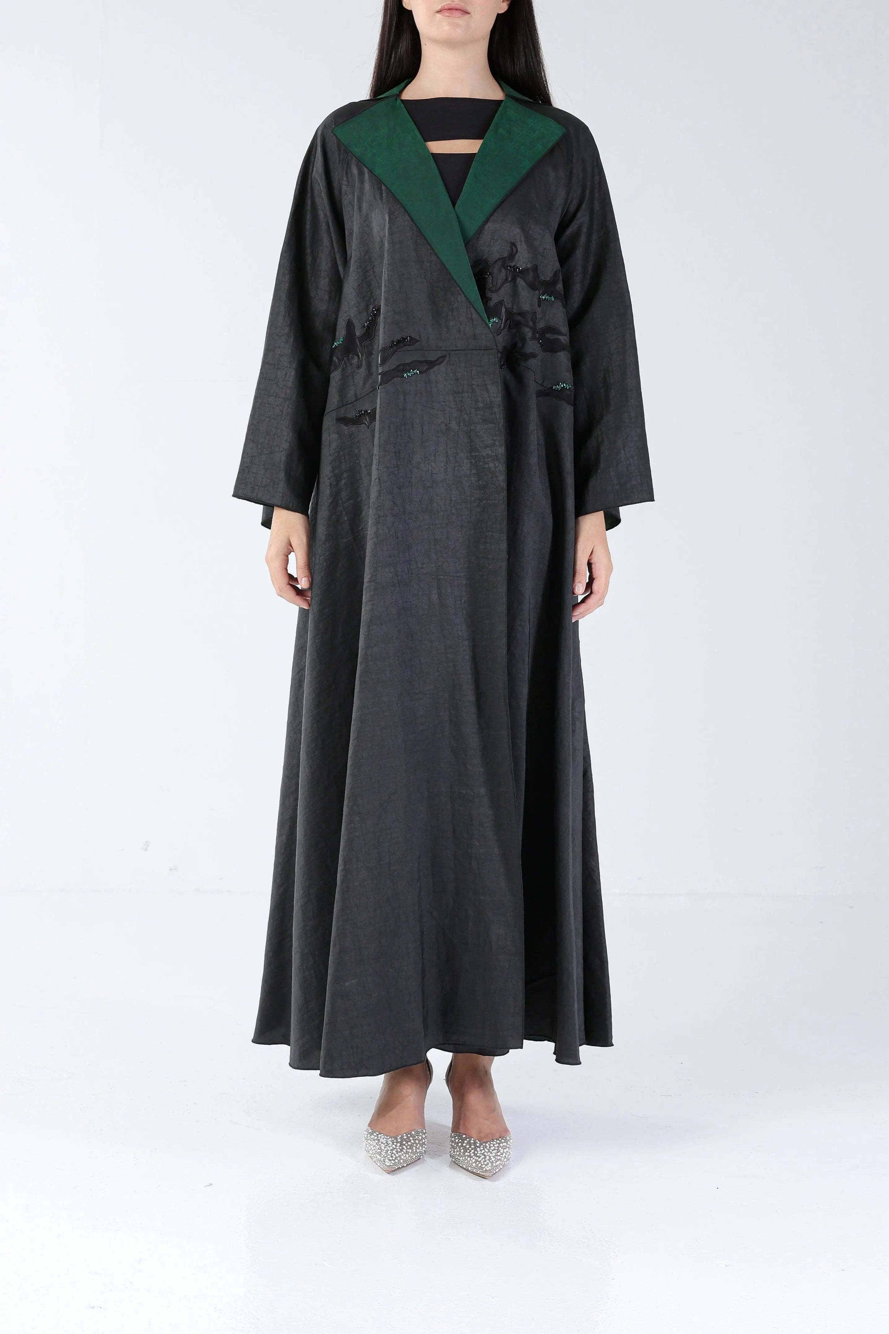 Creek on Black & Green Pure Silk Sui Abaya