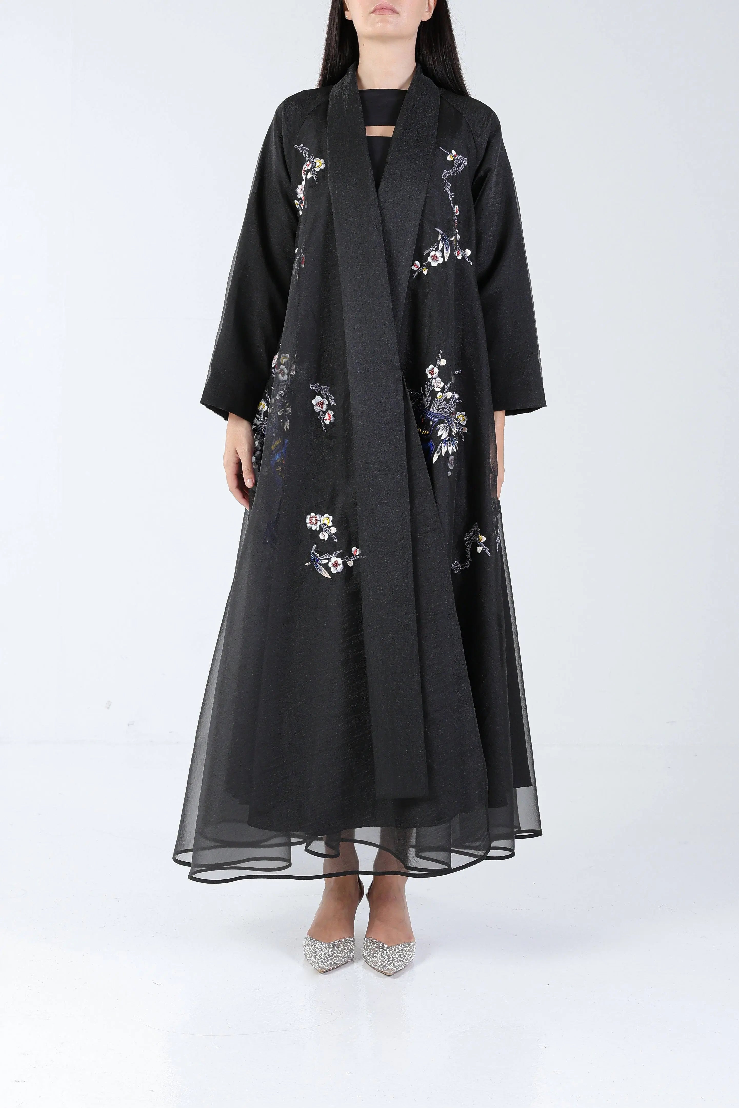 Floral Vase on Black Organza Sui Abaya