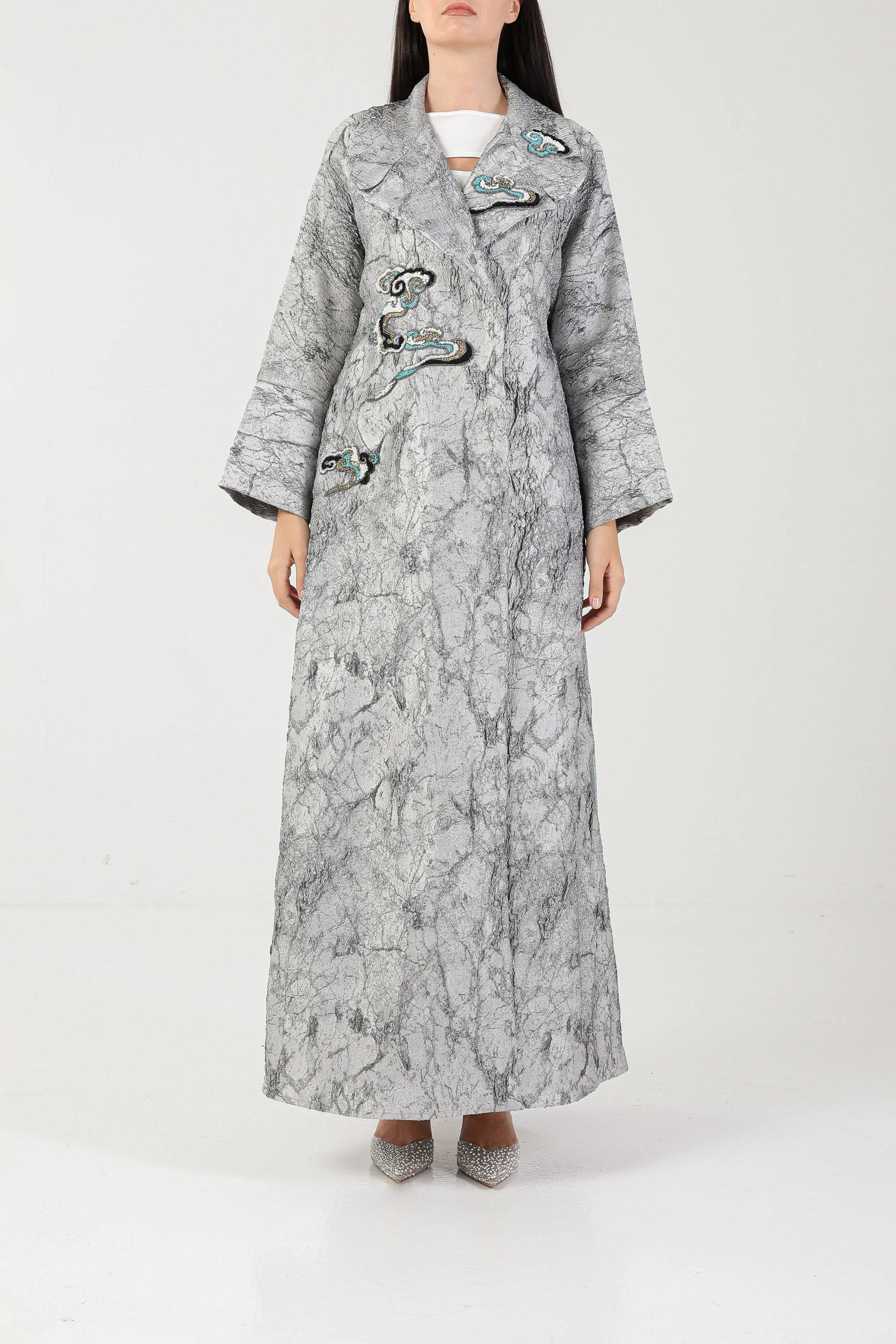 Sky Veils on Grey Brocade Sui Abaya