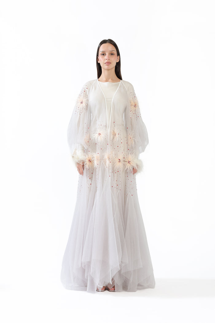 Blush Feathers on Pink Tulle