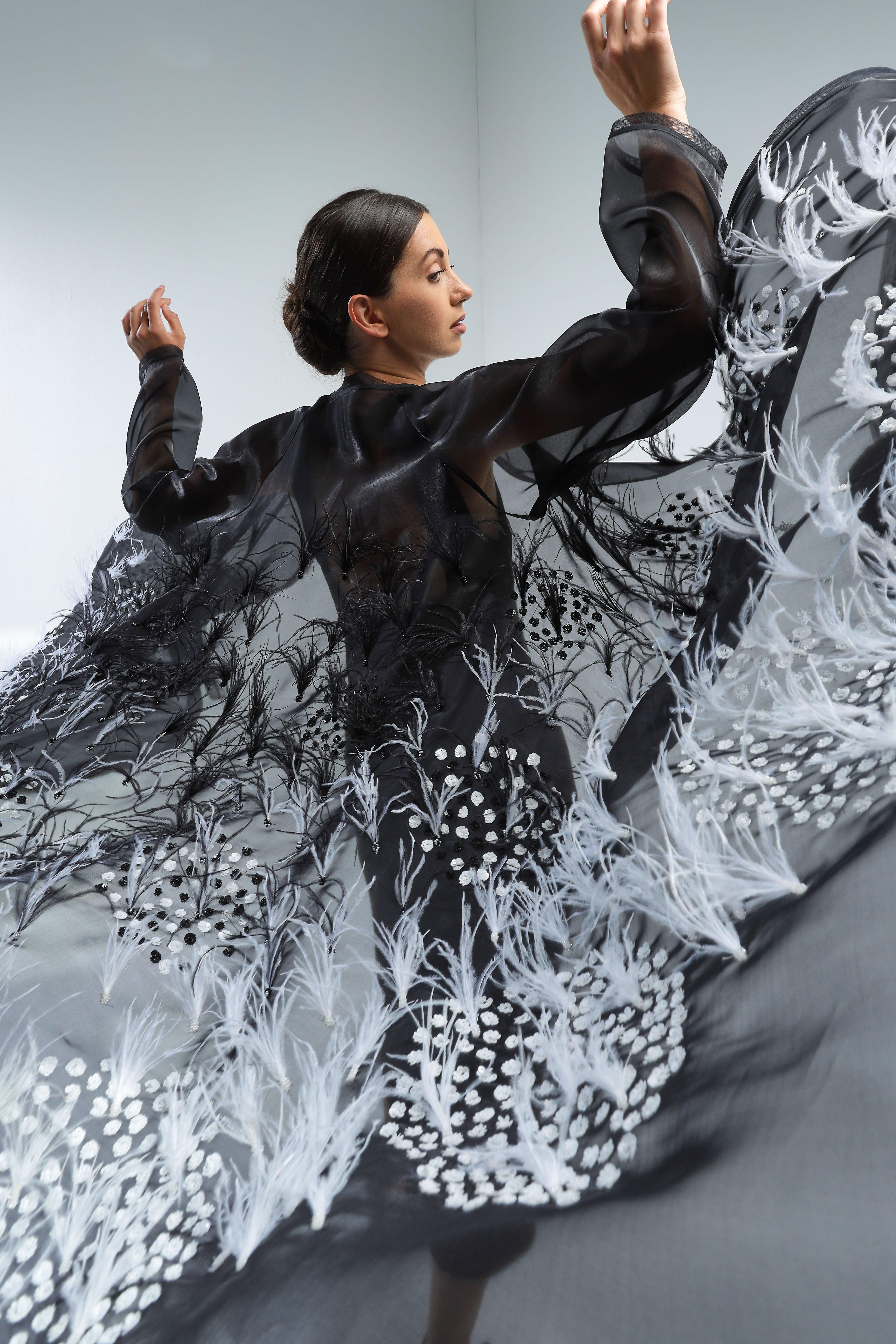 Dotted Feathers on Black Organza