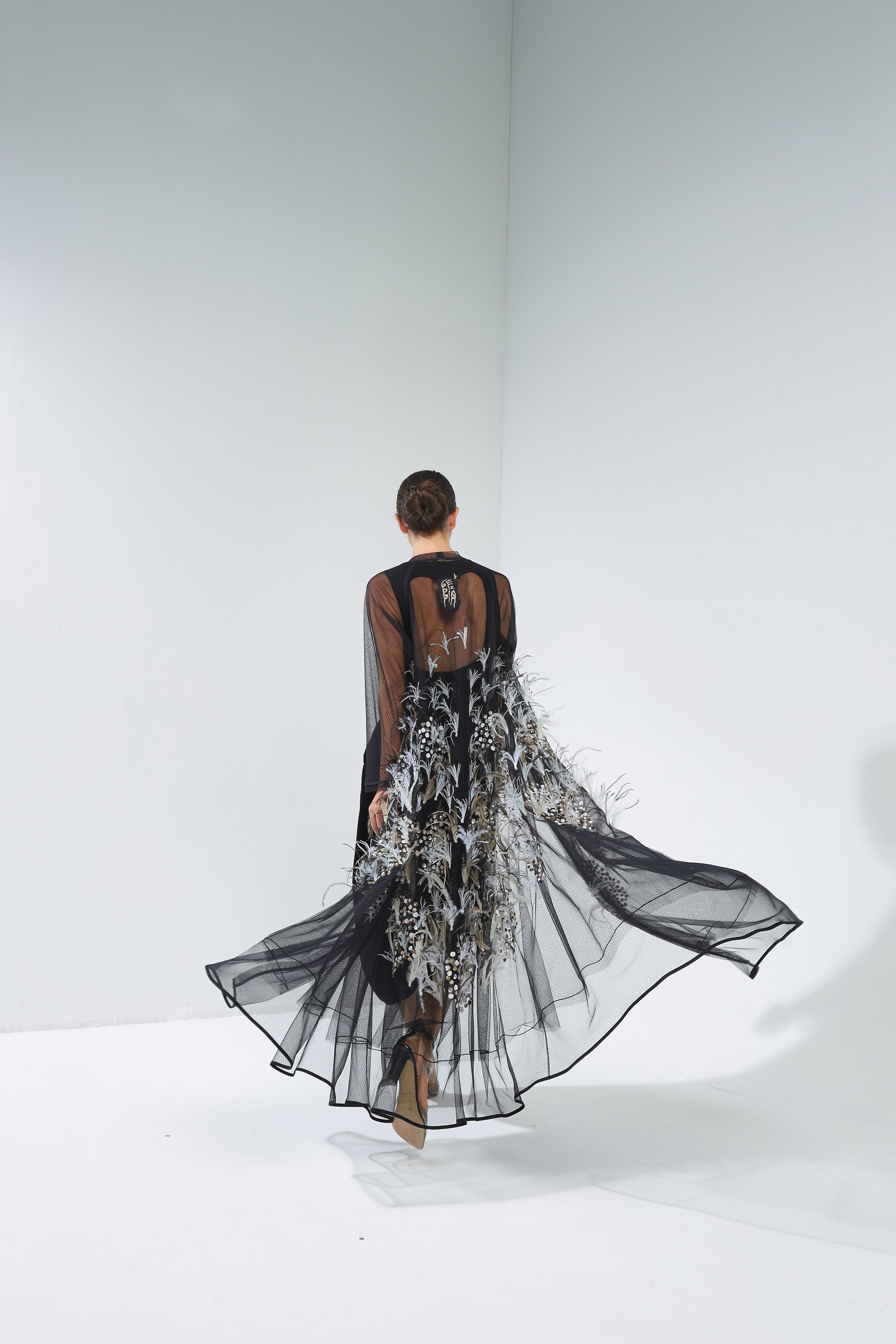 Dotted Feathers on Black Tulle